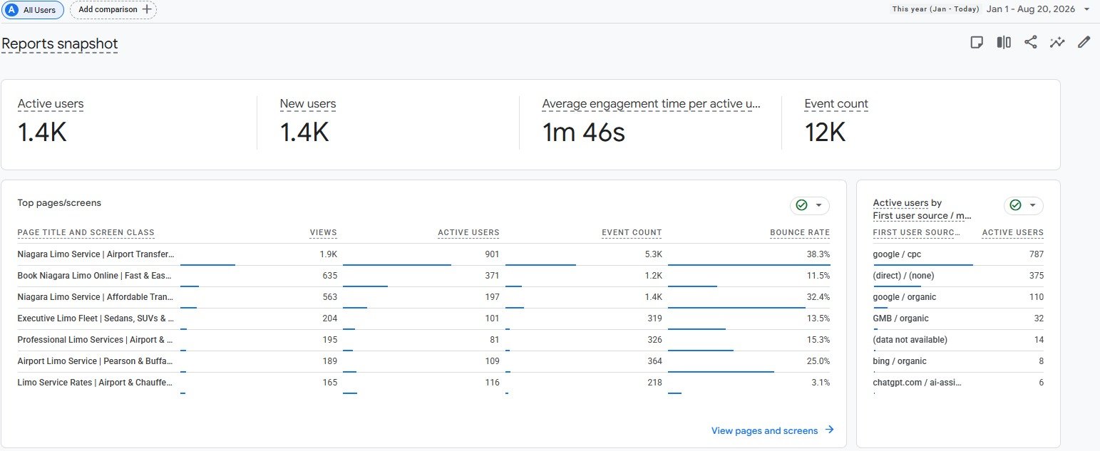 Google Analytics report for Niagara Limo showing 1.4 thousand active users